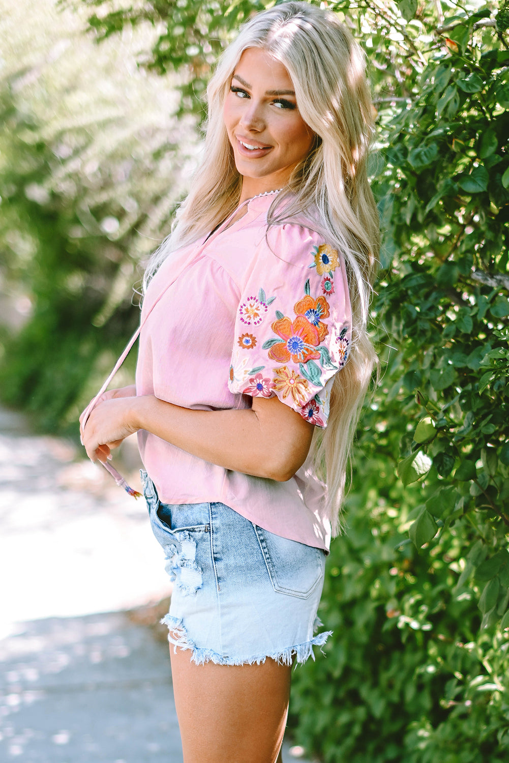 Floral Embroidered Puff Sleeve Split Neck Blouse