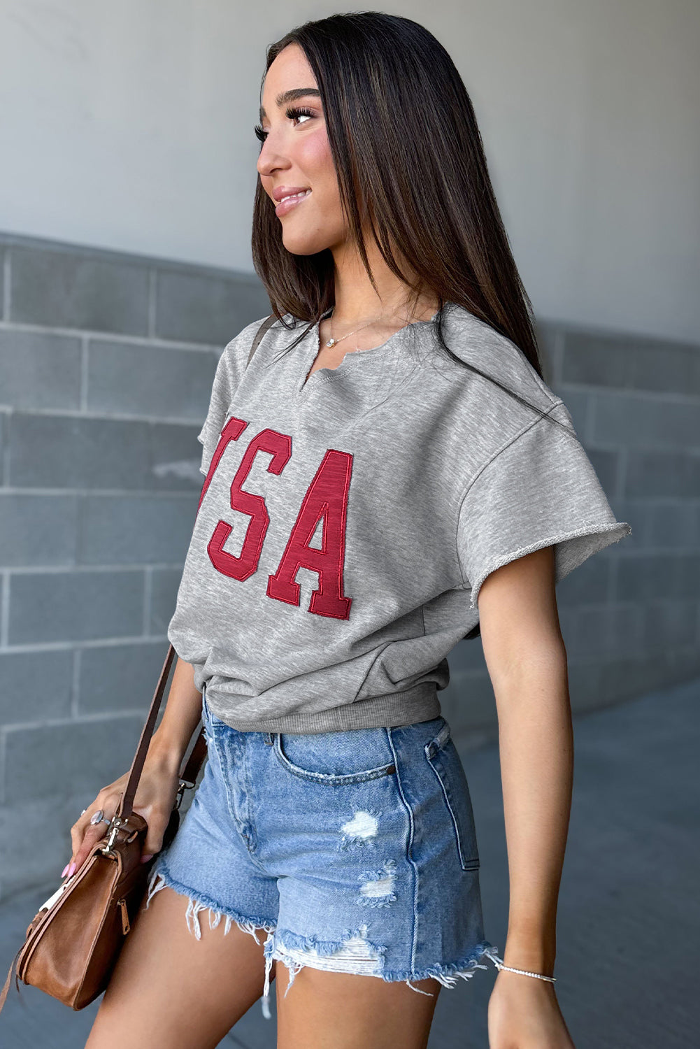 Multicolor Lettering Patch Notched Neck Loose Tee