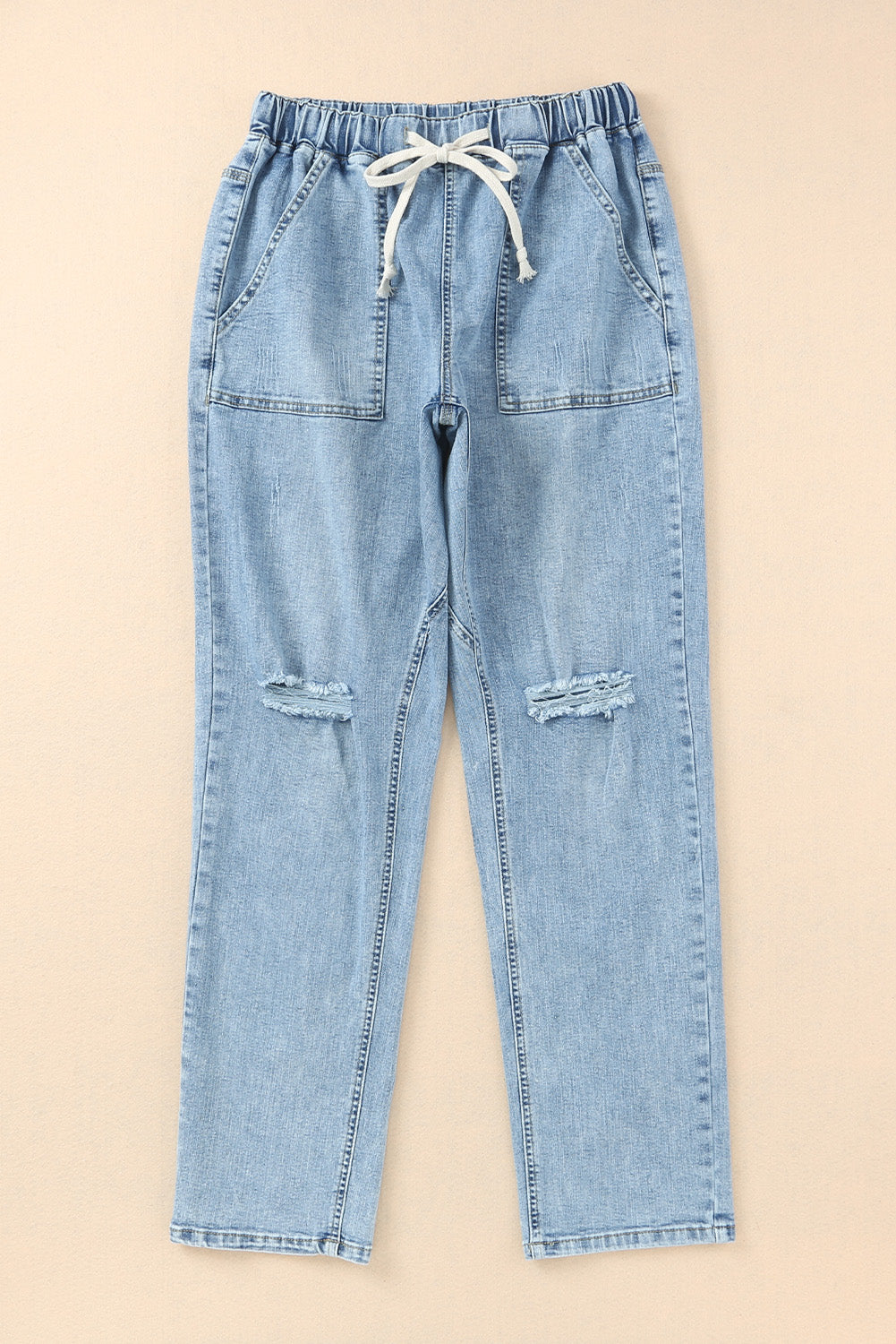 Sky Blue Gather Round Distressed Pocketed Denim Jogger