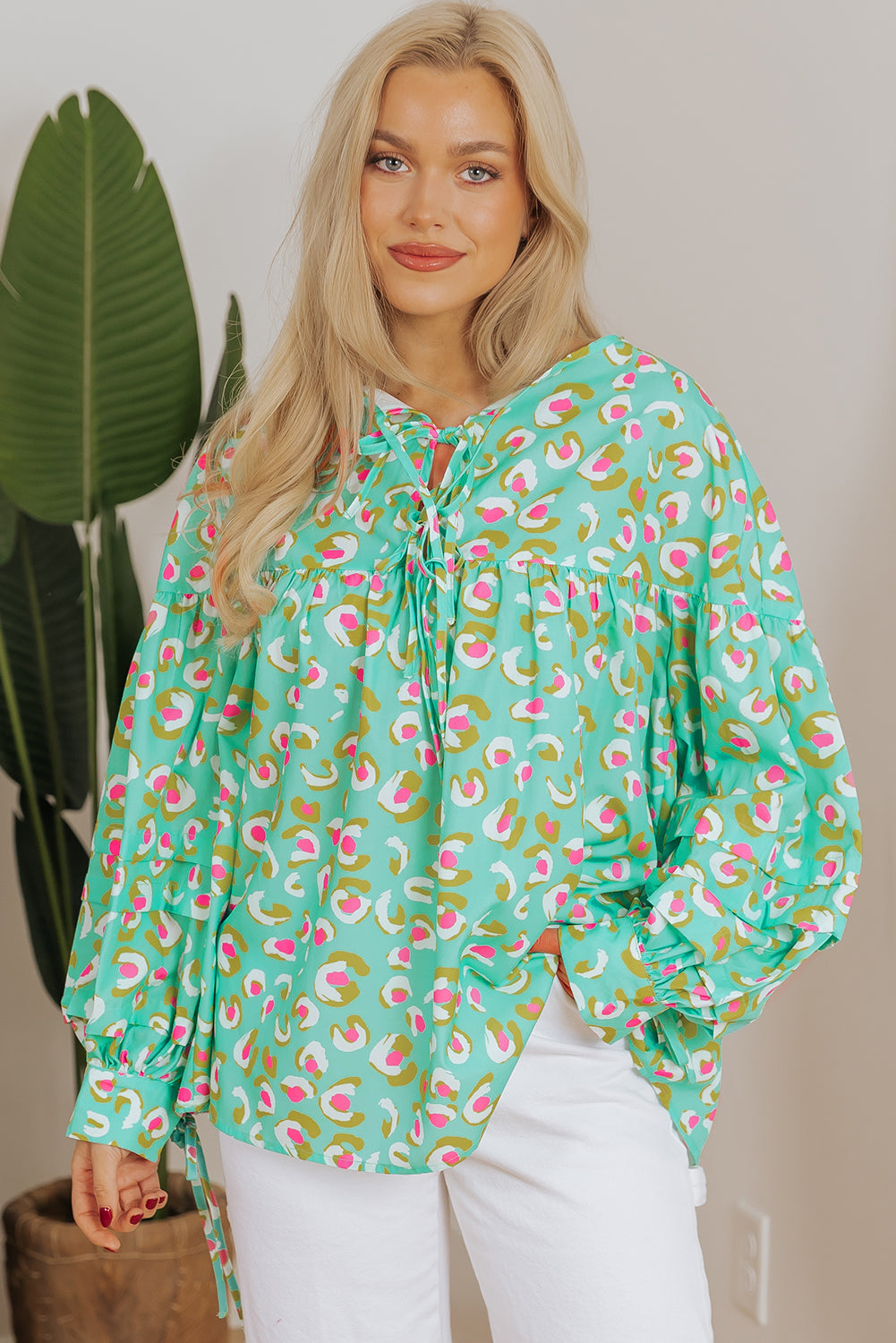 Green Abstract Printed Lace-up Lantern Sleeve Babydoll Blouse