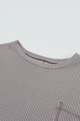 Gray Ribbed Roll-tab Sleeve Chest Pocket Oversize Top