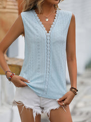 Solid Color Hole Lace V-neck Sleeveless Vest