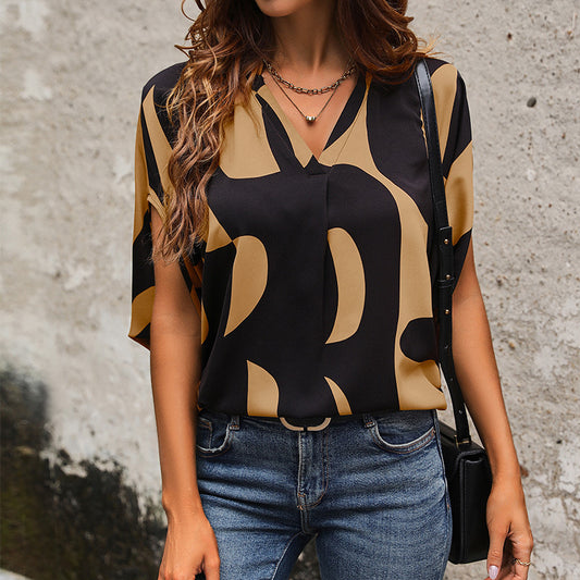 Short Sleeve Pullover V-neck Printed Shirt