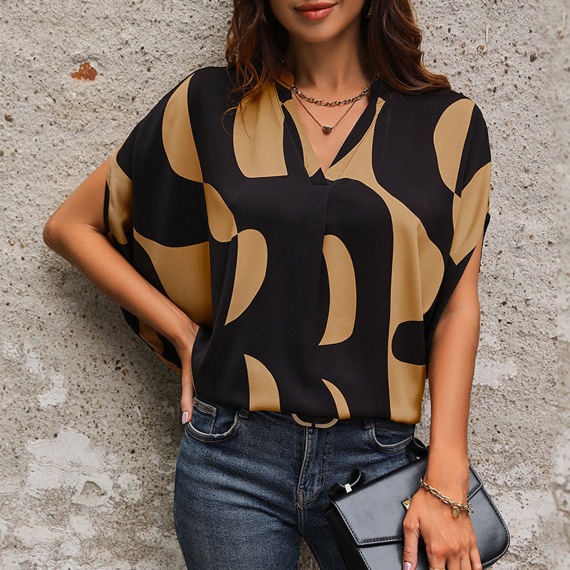 Short Sleeve Pullover V-neck Printed Shirt