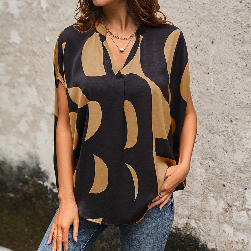 Short Sleeve Pullover V-neck Printed Shirt