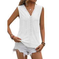 Solid Color Hole Lace V-neck Sleeveless Vest