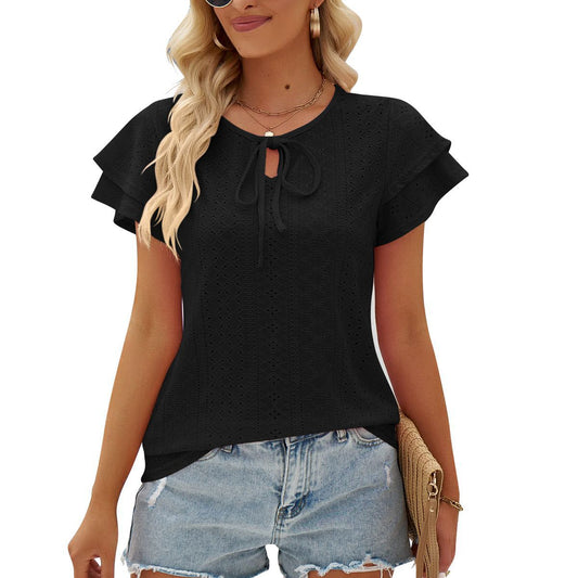 T-shirt Hole-out Lace-up Double-sleeved Top