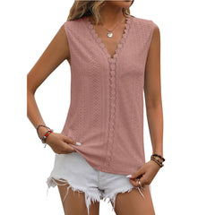 Solid Color Hole Lace V-neck Sleeveless Vest