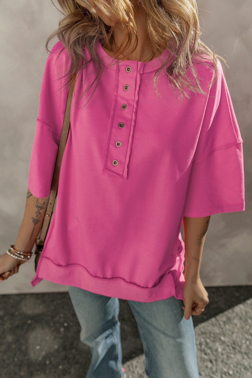 Rose Red Exposed Seam Button Neck Wide Sleeve Tunic Top