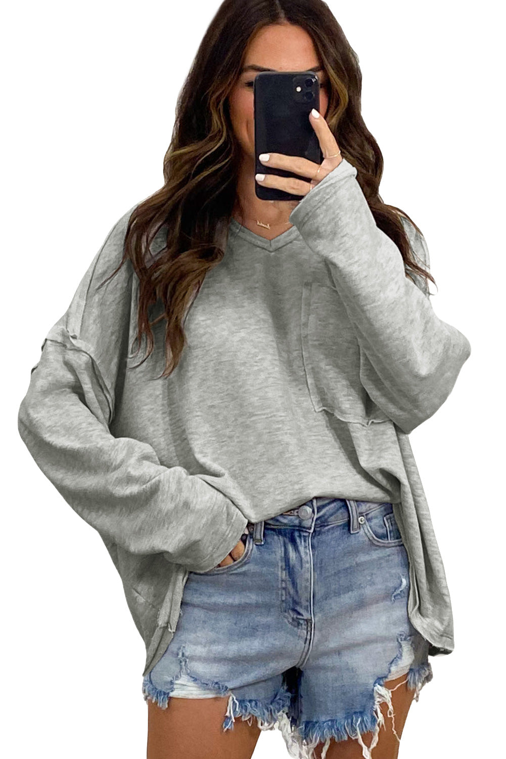 Gray Pocketed Oversized Drop Sleeve Top