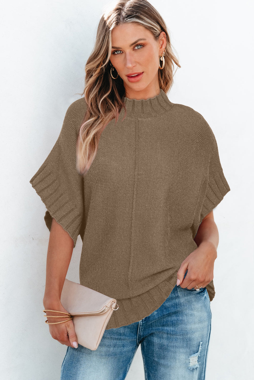 Mock Neck Batwing Short Sleeve Knit Sweater