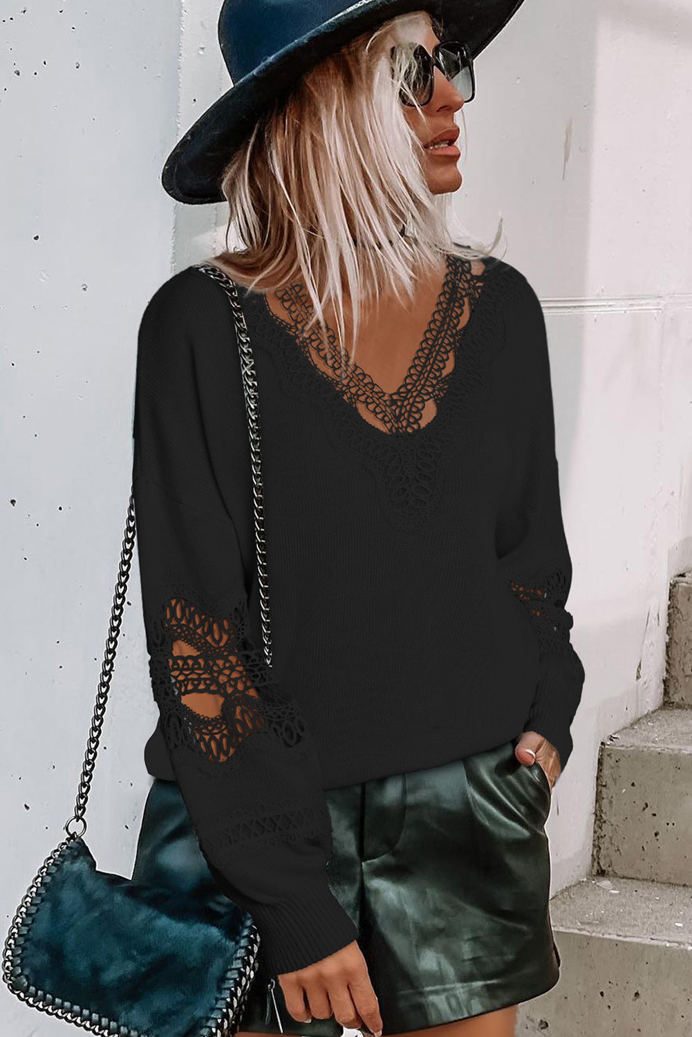 Hollowed Lace Splicing V Neck Loose Sweater