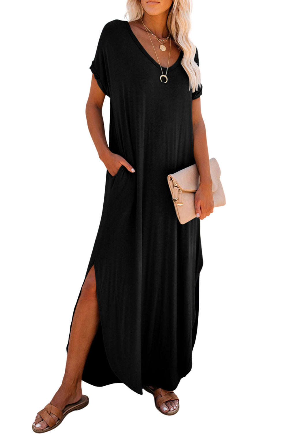 V Neck Hidden Pocket Splits Maxi Dress