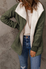 Green Faux Suede Fleece Lined Open Front Jacket