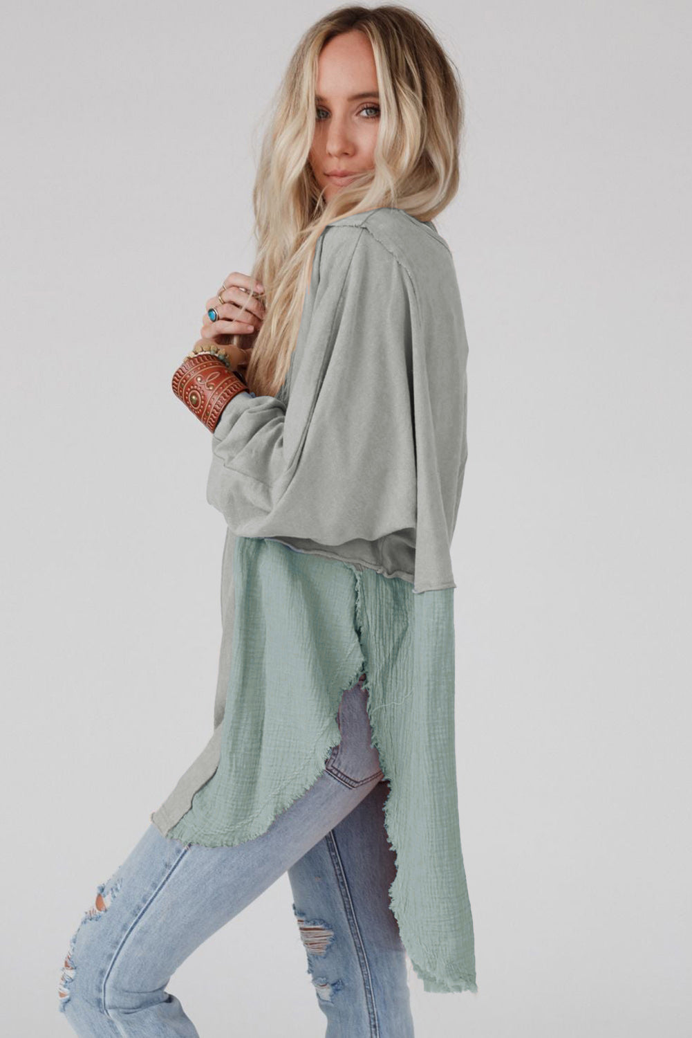 Grey Crinkle Splicing Raw Hem High Low Oversized Blouse