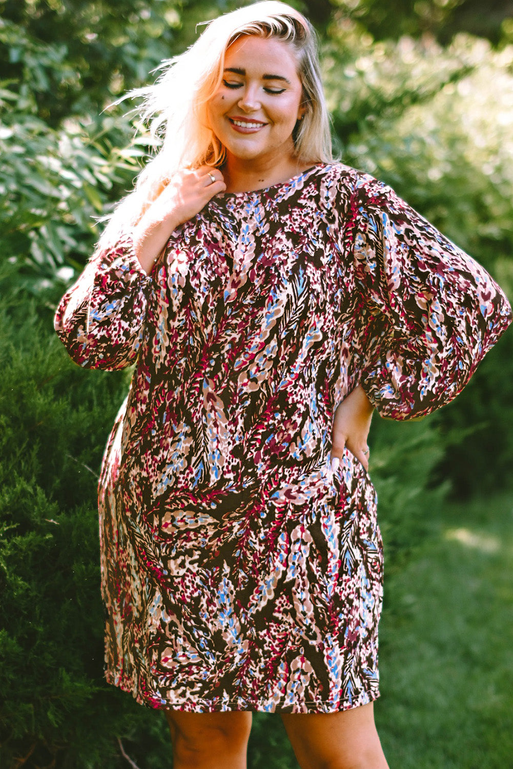 Fiery Red Plus Size Floral Print Mini Dress