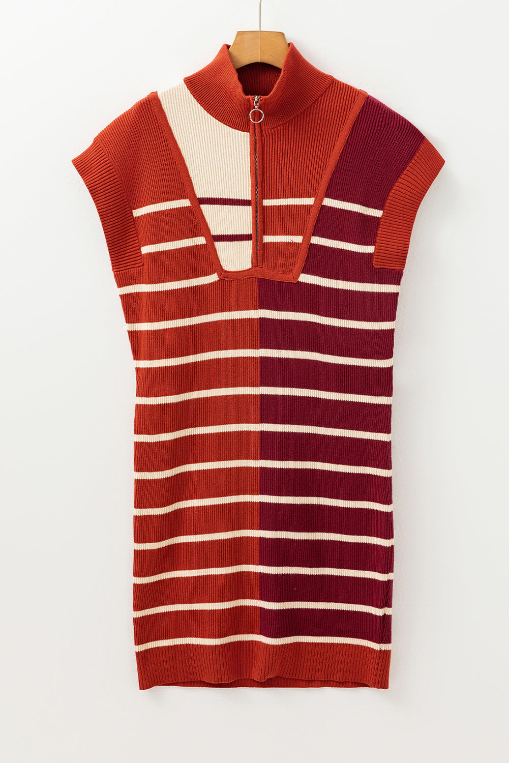 Stripe Color Block Quarter Zip Collar Short Sleeve Sweater Dress