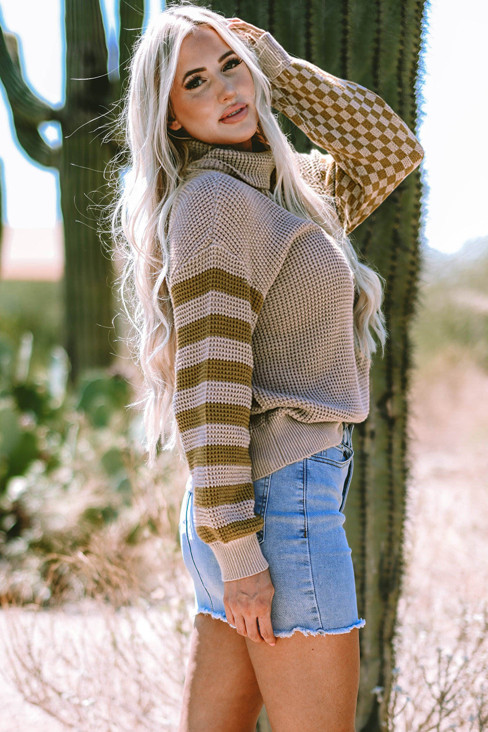 Striped Plaid Patchwork Waffle Knit Turtleneck Sweater