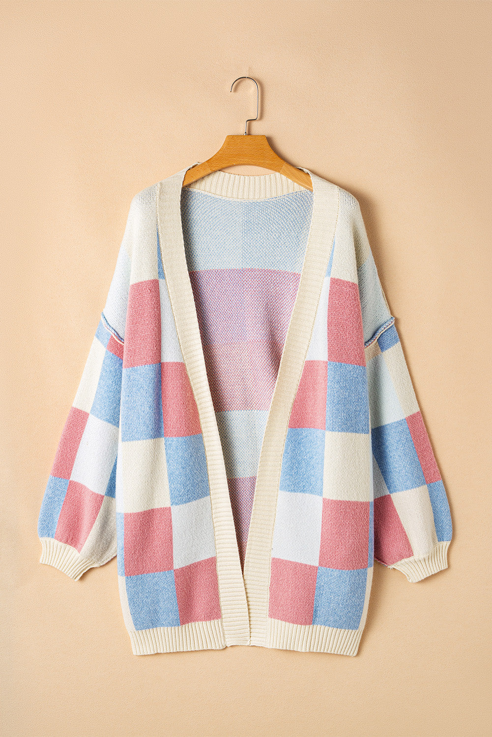 Checkered Drop Shoulder Exposed Seam Open Front Cardigan