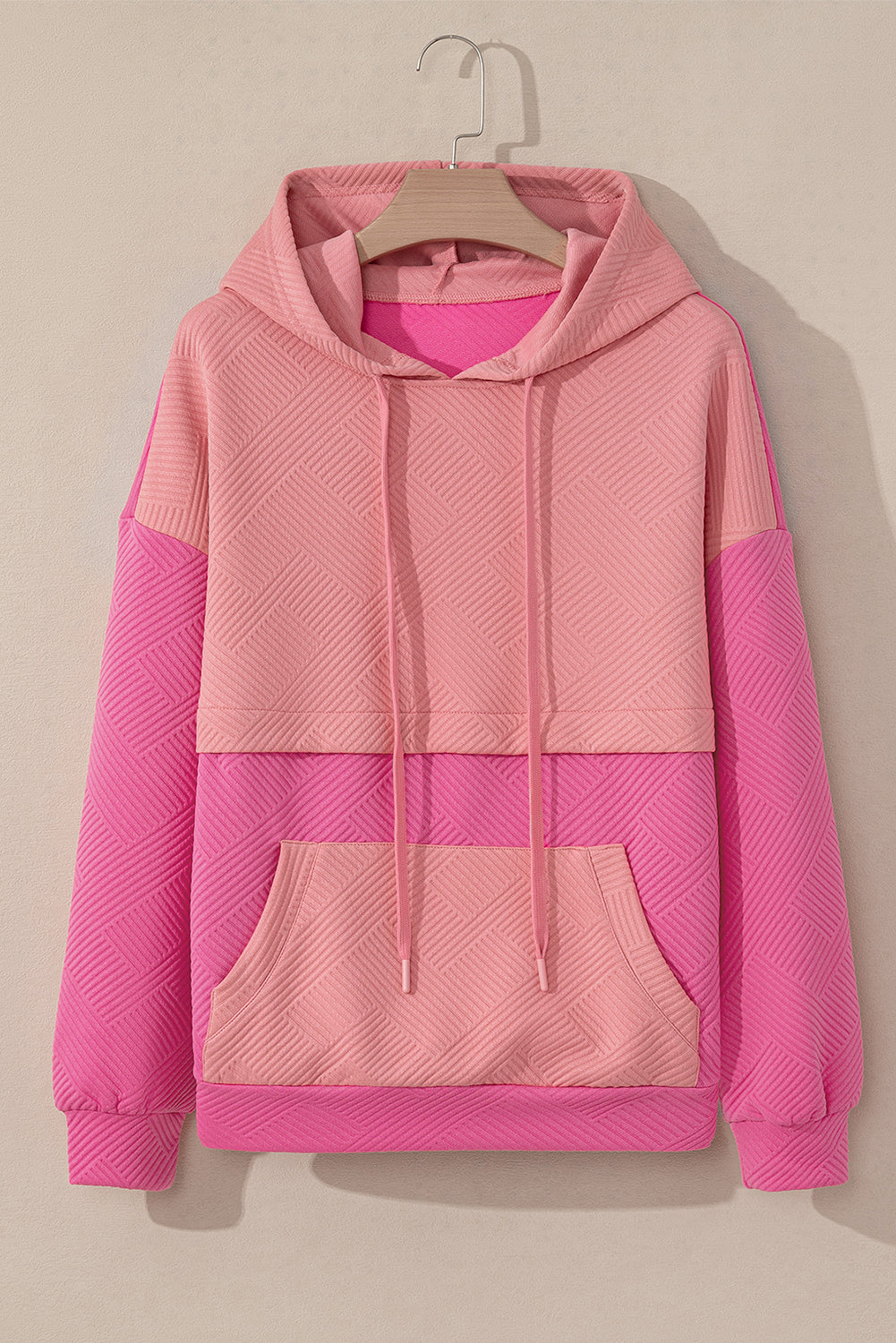 Textured Color Block Kangaroo Pocket Drop Shoulder Hoodie