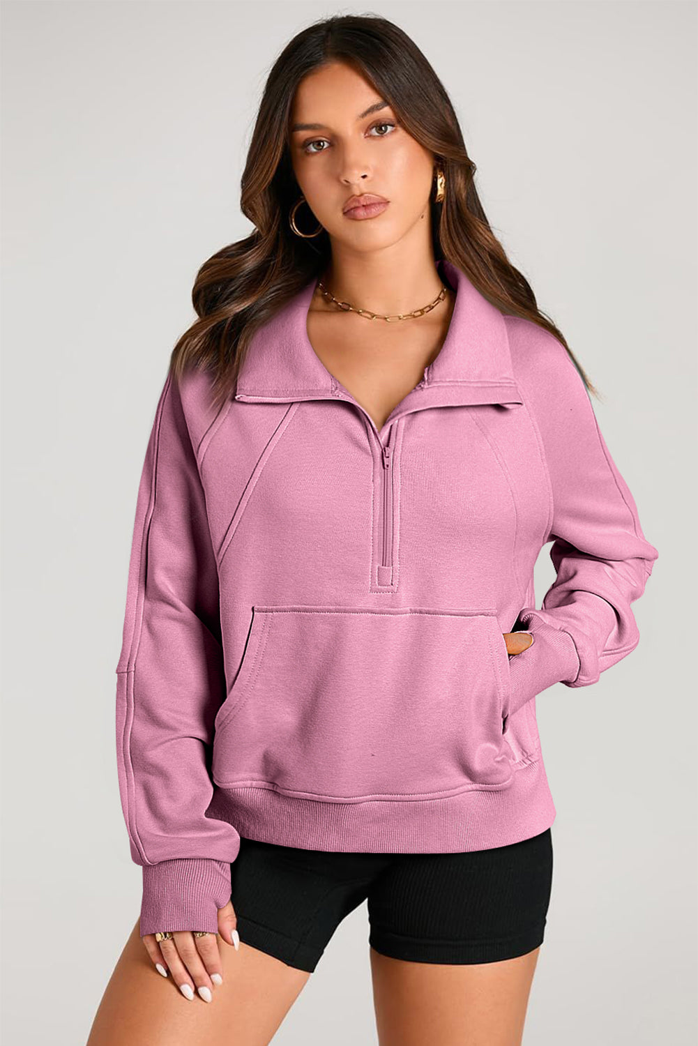 Solid Color Quarter Zip Stand Neck Kangaroo Pocket Sweatshirt