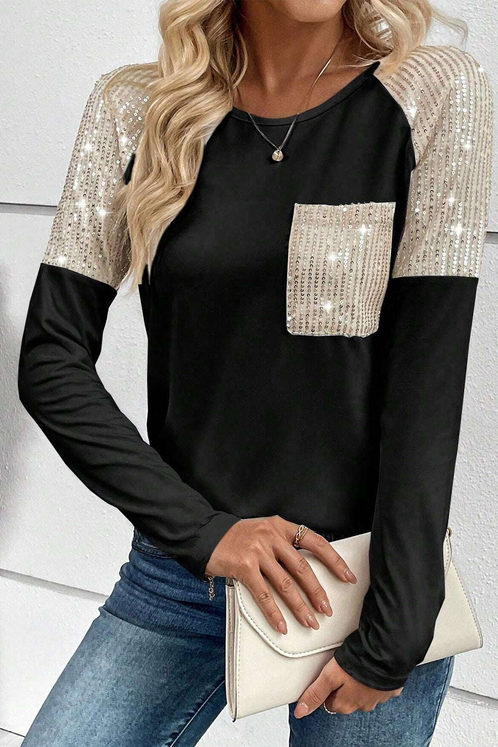 White Sequin Patch Chest Pocket Raglan Sleeve Top