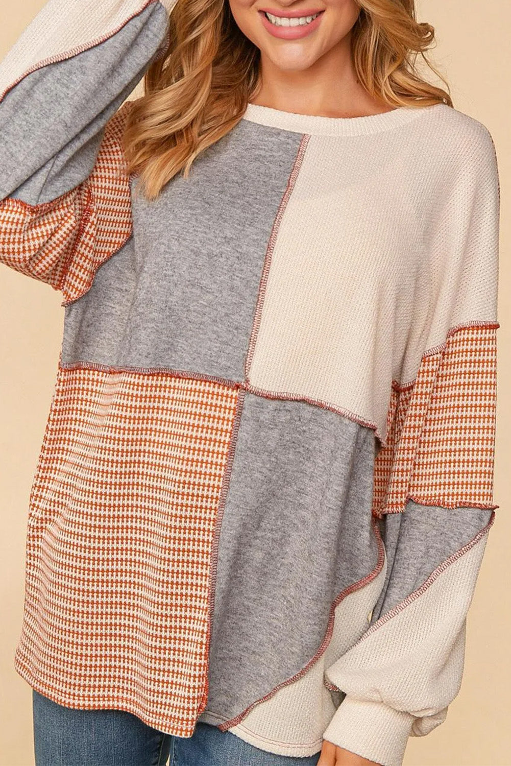 Sandalwood Exposed Seam Colorblock Oversized Knit Top