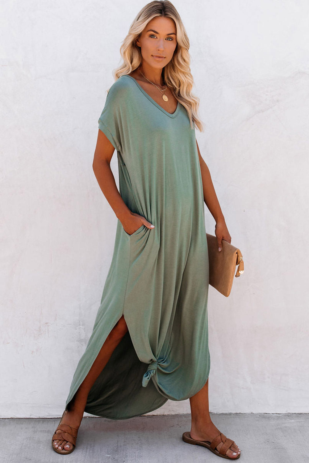 V Neck Hidden Pocket Splits Maxi Dress