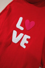 Racing Red Valentine LOVE Letter Embroidered High Neck Sweater