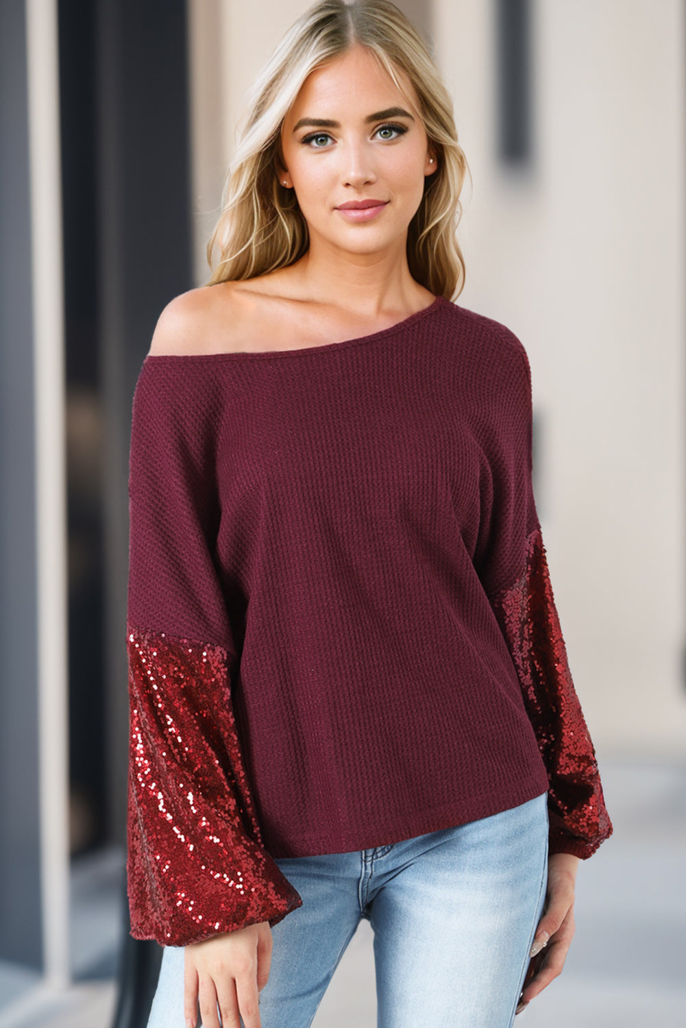 Biking Red Sequin Patchwork Sleeve Open Back Waffle Knit Top