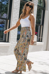 Multicolor Floral Print Shirred High Waist Wide Leg Casual Pants