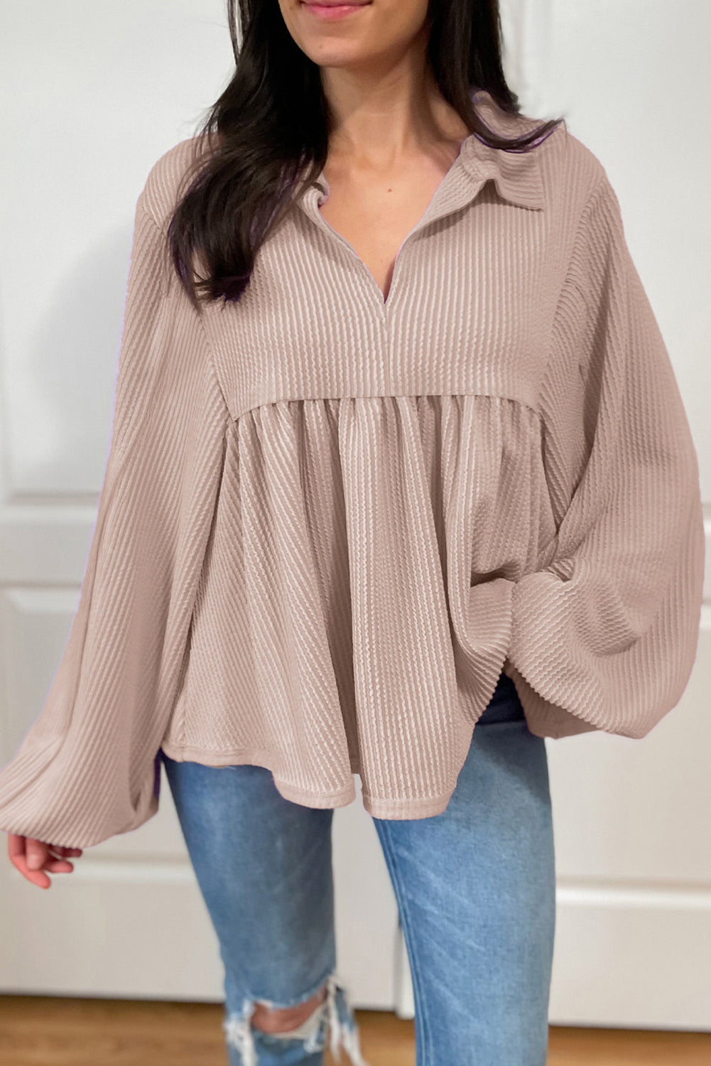 Corded Turn-down V Neck Bubble Sleeve Babydoll Blouse