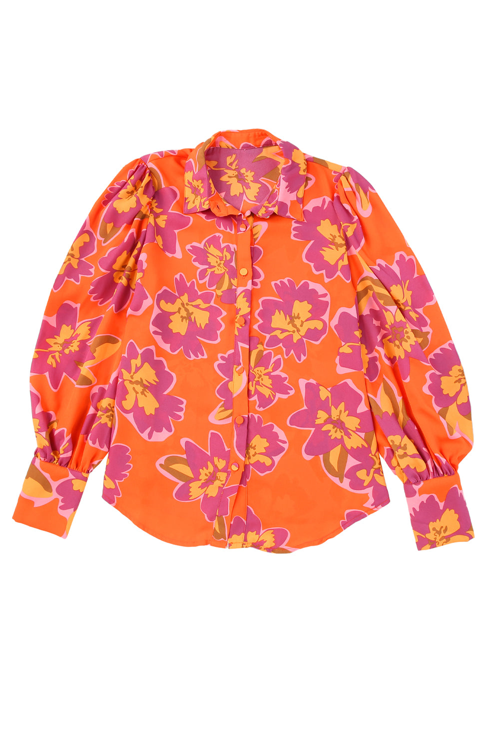 Orange Floral Print Lantern Sleeve Shirt