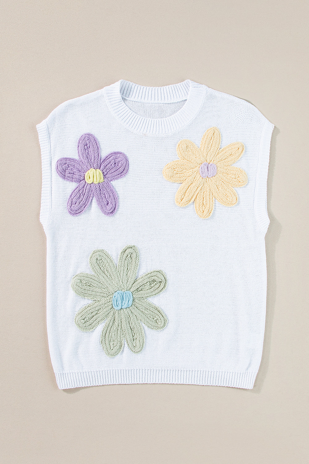 Multi Crochet Flower Knit Short Sleeve Sweater Tops