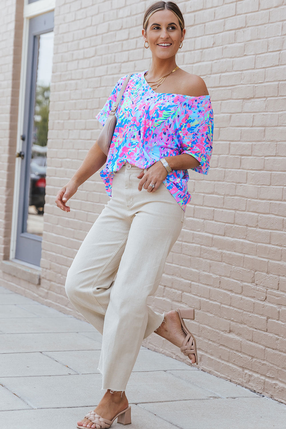 Sky Blue Floral Long Sleeve Top and Drawstring Shorts Set