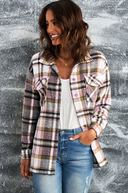 Geometric Plaid Print Pocketed Shacket