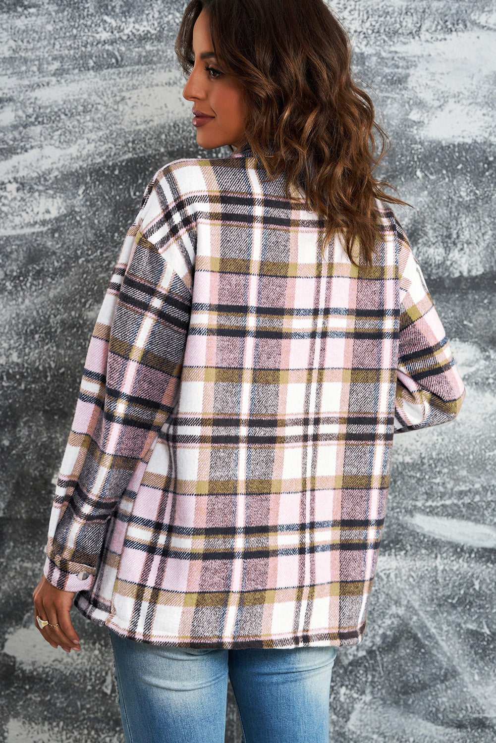 Geometric Plaid Print Pocketed Shacket