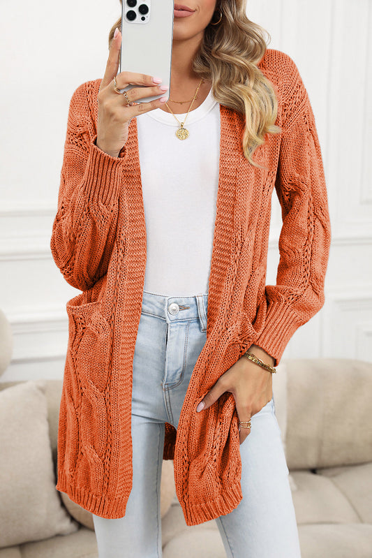 Ribbed Trim Eyelet Cable Knit Cardigan