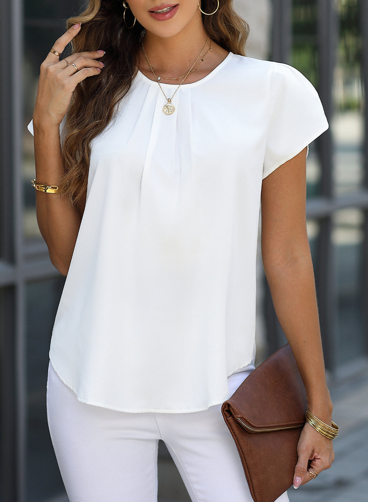 Petal Sleeve Pleated Keyhole Back Blouse