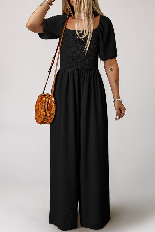 Short Bubble Sleeve Smocked Wide Leg Jumpsuit