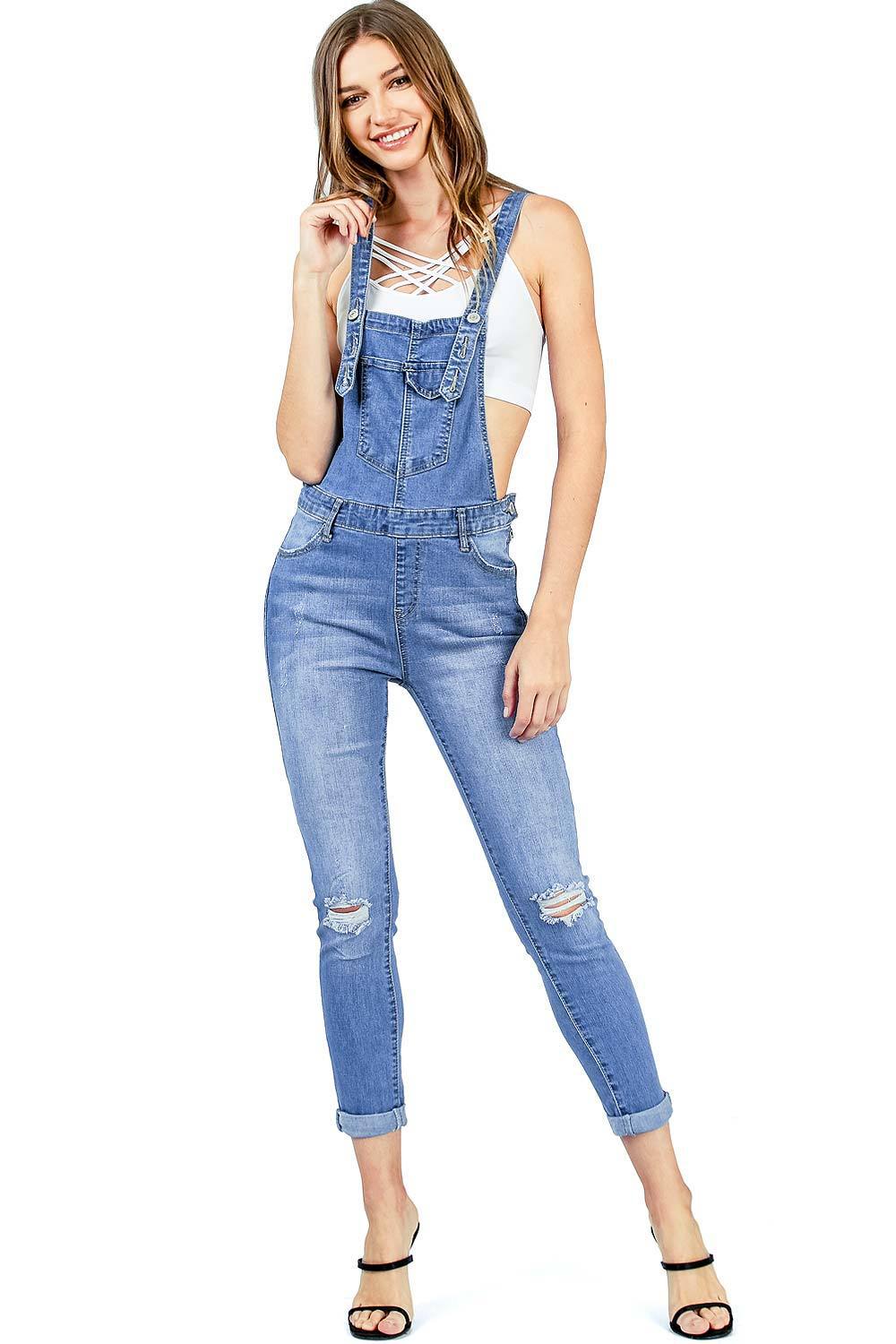 High-quality Ripped Hip Rolls Cropped Denim Bib Pants