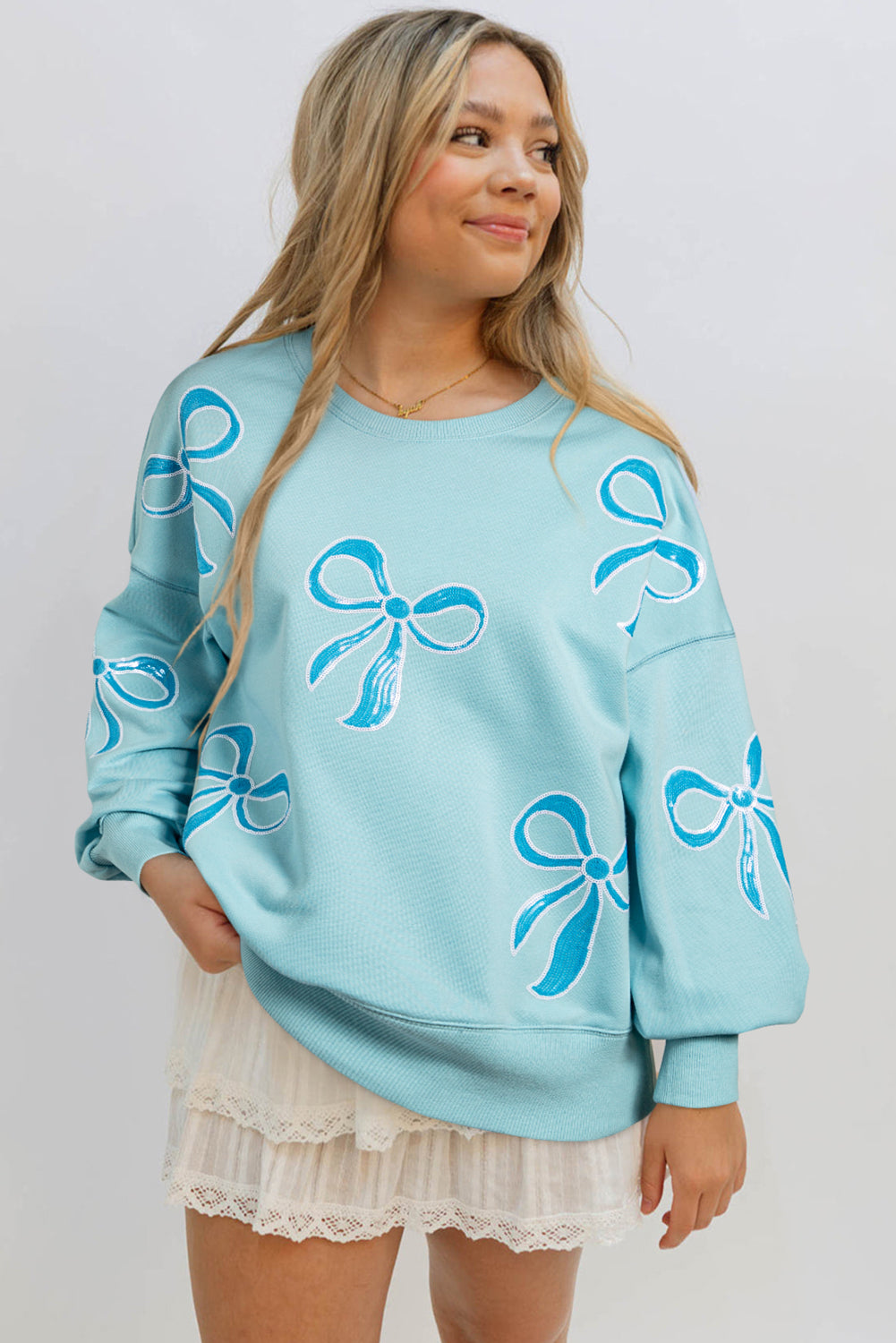 Beau Blue Sequined Bowknot Drop Shoulder Oversized Sweatshirt