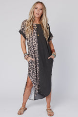 Black Leopard Short Sleeve T-shirt Dress with Slits