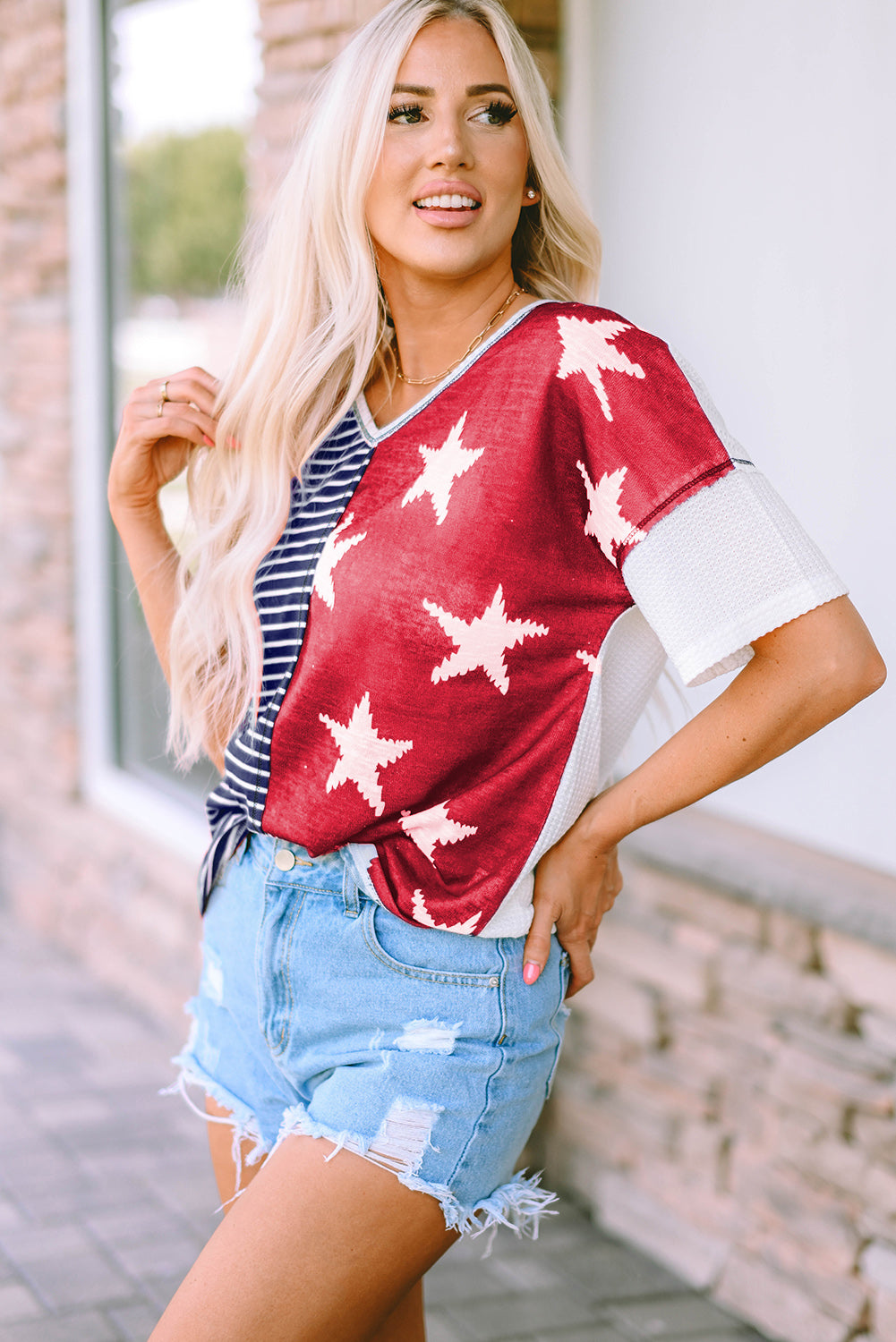 Stripes Stars Print Knit Short Sleeves Top