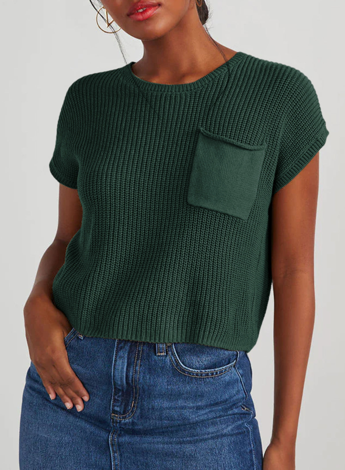 Solid Color Loose Sweater Round Neck Short Sleeve Top