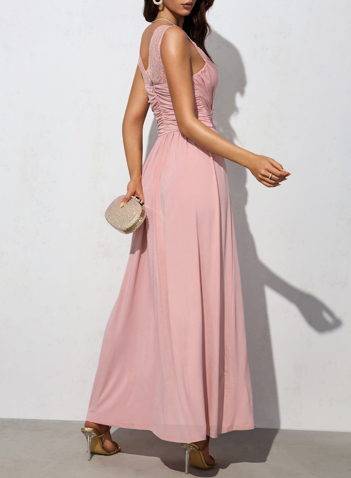 Pink V Neck Ruched Lace Splicing Side Split Maxi Dress