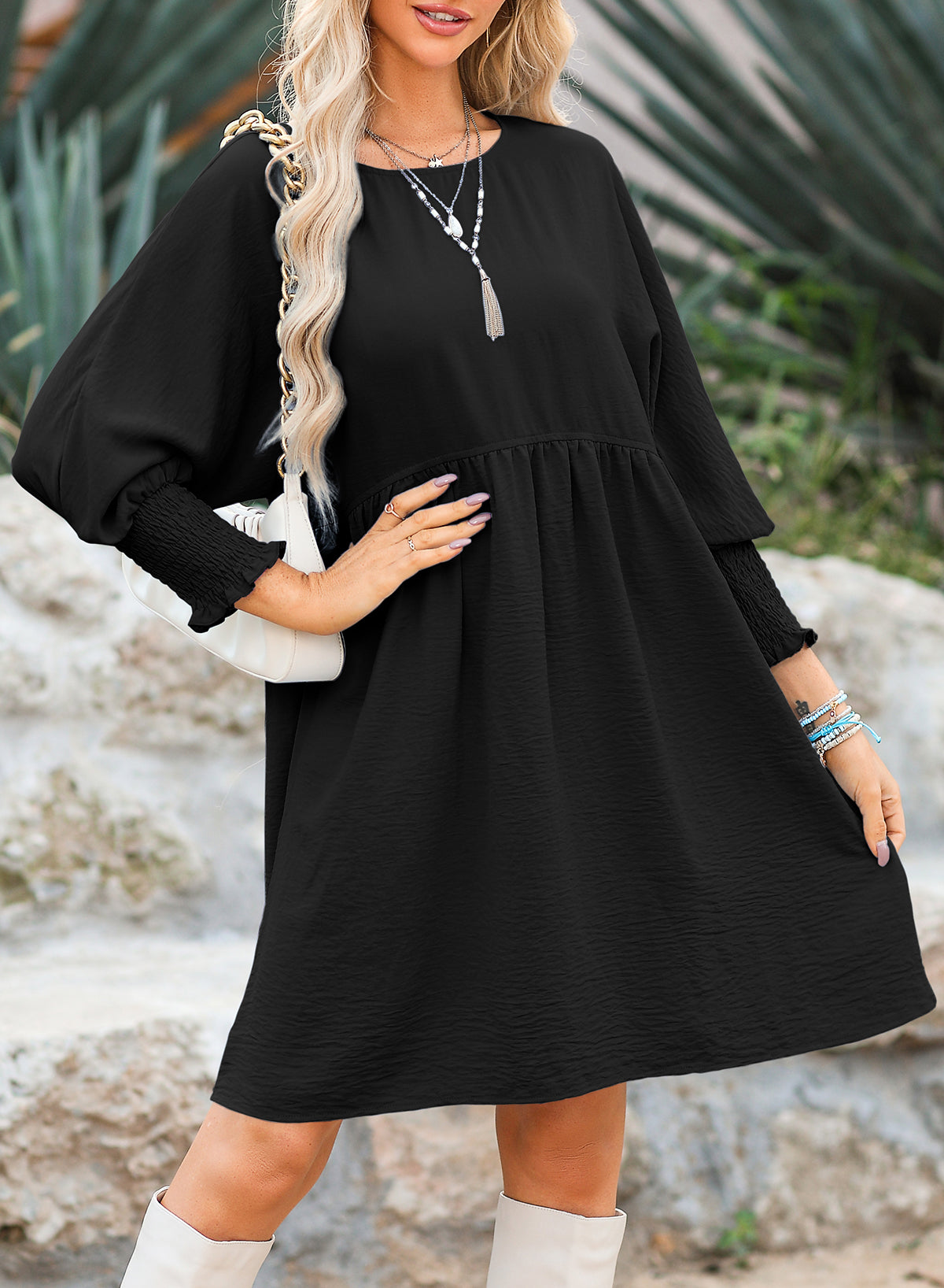 Solid Color Simple High Waist Ruffle Dress