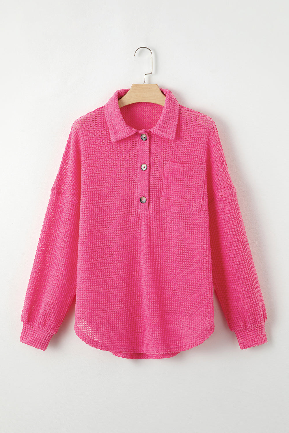 Solid Color Waffle Knit Shirt Neck Pullover Sweatshirt