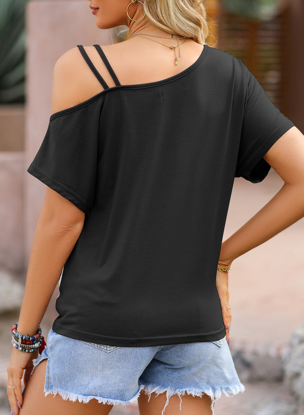 Colorblocked Patchwork Asymmetrical NeckNeckline Strapless T-Shirt