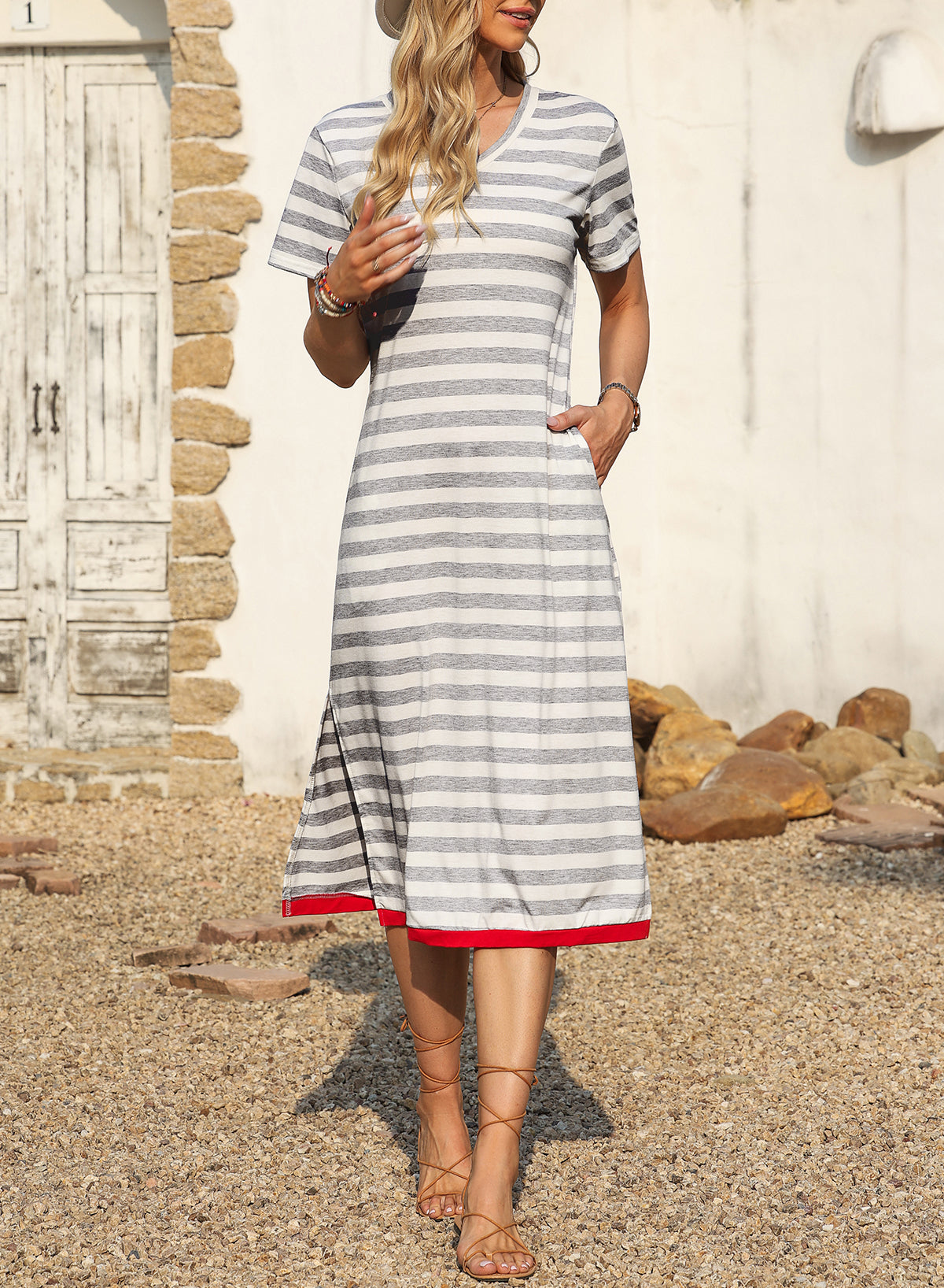 Olivia Mark  Stripe Print V Neck Maxi Dress with Side Splits